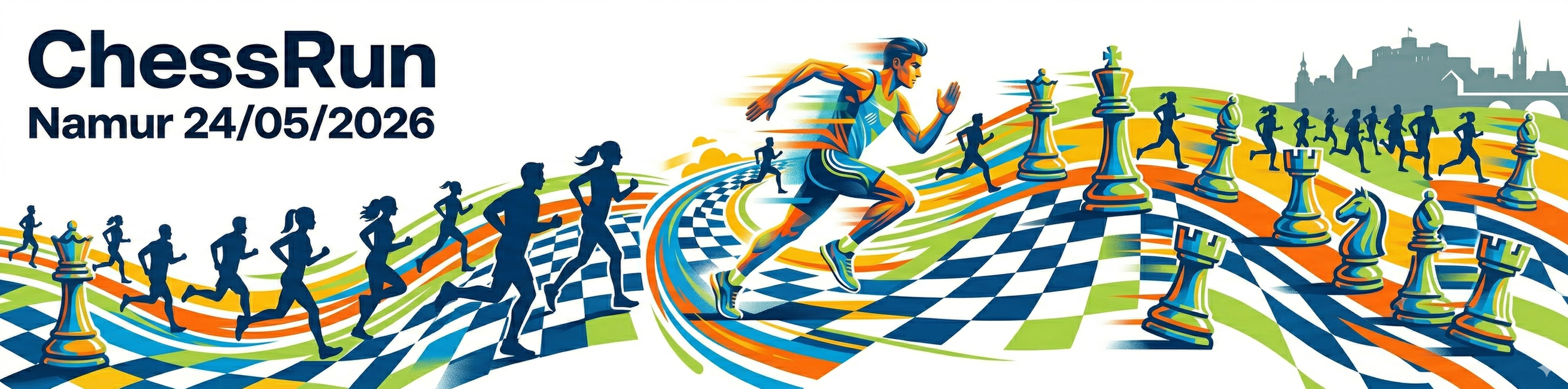 Bannière tournoi de ChessRun du 24 mai 2026. Un coureur et des pièces d'échecs, avec la citadelle de Namur stylisée en fond
