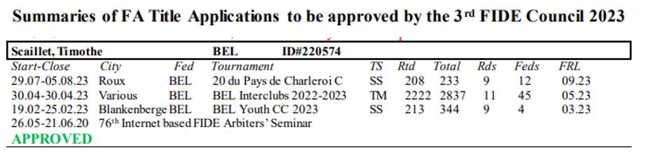 Approbation par la FIDE de la demande du titre d'arbitre FIDE de Timothé Scaillet